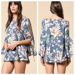 BLUE Floral 🌸 Cold Shoulder Tie Sleeve Top